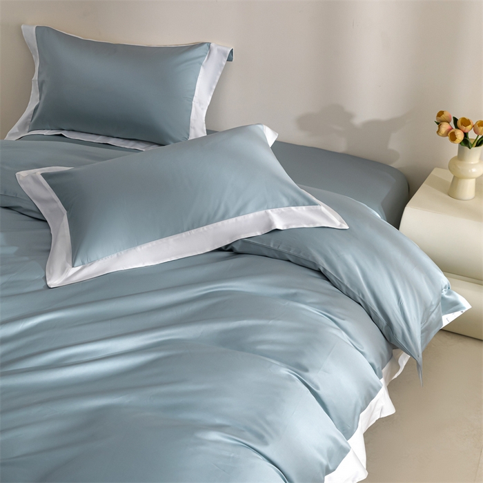 91家纺网 家纺一手货源 找家纺 贝兰仙奴2025新款50双股长绒棉拼边四件套 天青