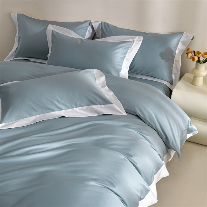 91家纺网 家纺一手货源 找家纺 贝兰仙奴2025新款50双股长绒棉拼边四件套 天青