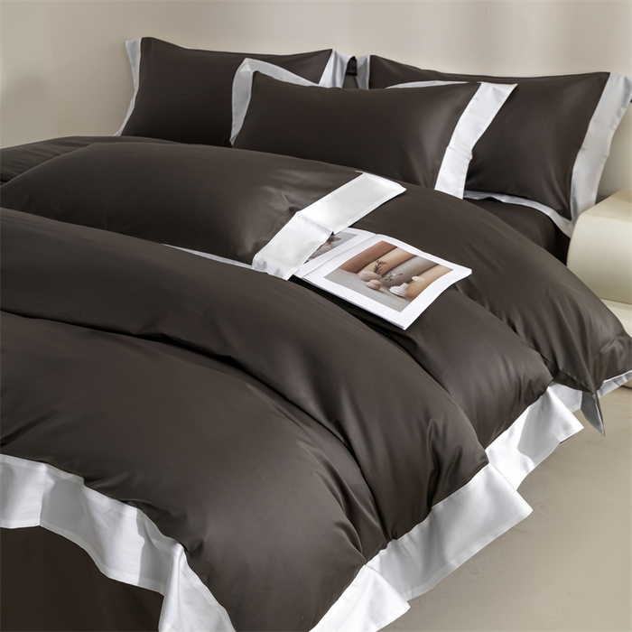 91家纺网 家纺一手货源 找家纺 贝兰仙奴2025新款50双股长绒棉拼边四件套 玄夜