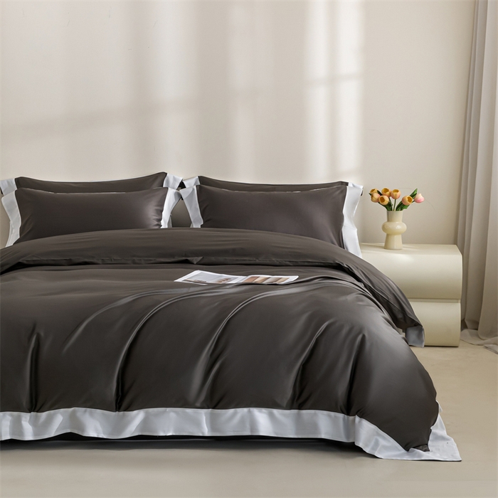 91家纺网 家纺一手货源 找家纺 贝兰仙奴2025新款50双股长绒棉拼边四件套 玄夜