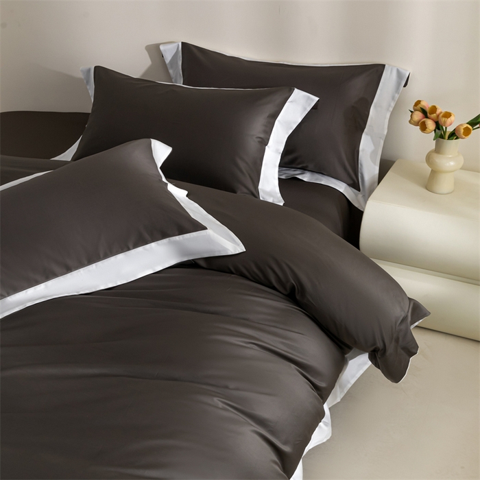 91家纺网 家纺一手货源 找家纺 贝兰仙奴2025新款50双股长绒棉拼边四件套 玄夜