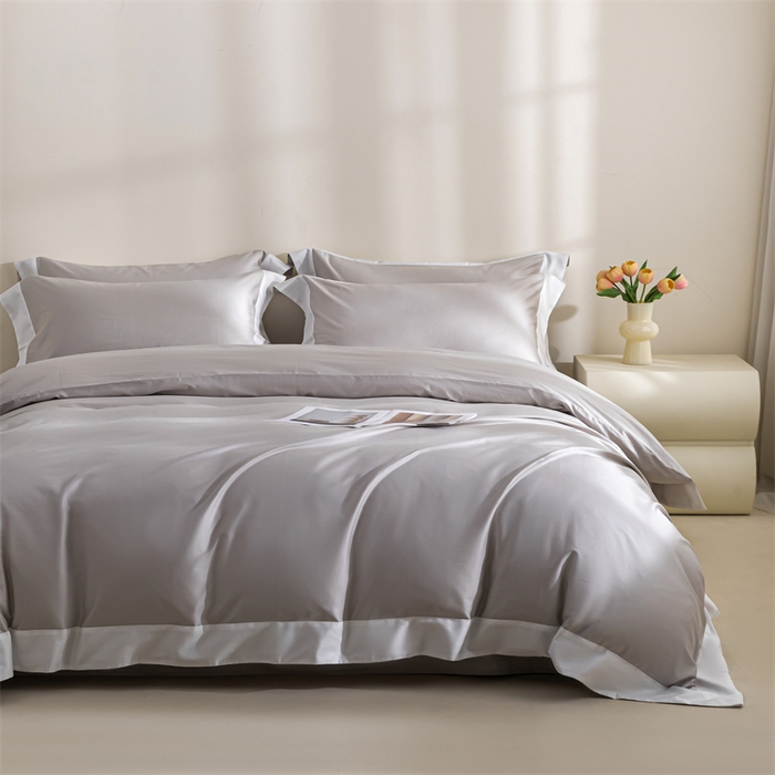 91家纺网 家纺一手货源 找家纺 贝兰仙奴2025新款50双股长绒棉拼边四件套 雅灰