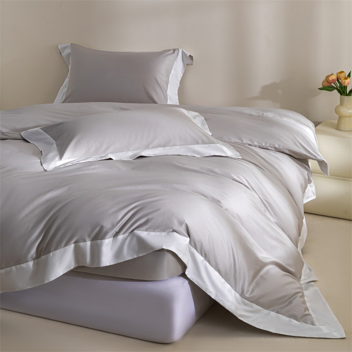 91家纺网 家纺一手货源 找家纺 贝兰仙奴2025新款50双股长绒棉拼边四件套 雅灰