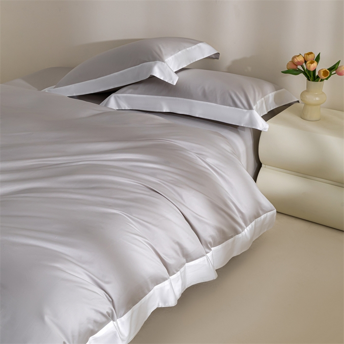 91家纺网 家纺一手货源 找家纺 贝兰仙奴2025新款50双股长绒棉拼边四件套 雅灰