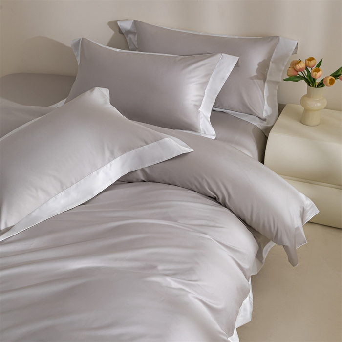 91家纺网 家纺一手货源 找家纺 贝兰仙奴2025新款50双股长绒棉拼边四件套 雅灰