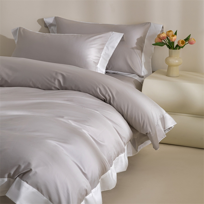 91家纺网 家纺一手货源 找家纺 贝兰仙奴2025新款50双股长绒棉拼边四件套 雅灰