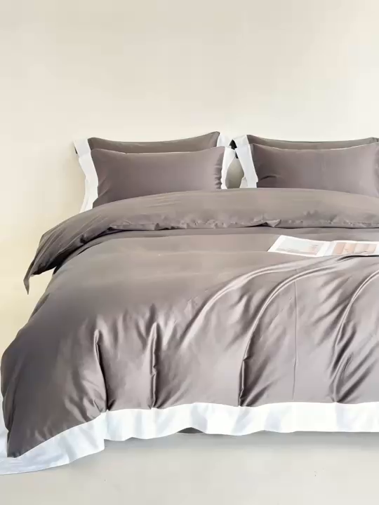 91家纺网 家纺一手货源 找家纺 贝兰仙奴2025新款50双股长绒棉拼边四件套 玄夜