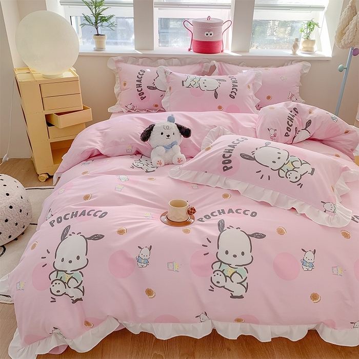 91家纺网 家纺一手货源 找家纺 （总）玉元坊 2025年5月新品 三丽鸥花边被套全棉床单纯棉床裙床笠三四件套-帕恰狗系列