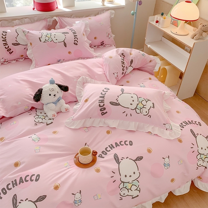 91家纺网 家纺一手货源 找家纺 （总）玉元坊 2025年5月新品 三丽鸥花边被套全棉床单纯棉床裙床笠三四件套-帕恰狗系列