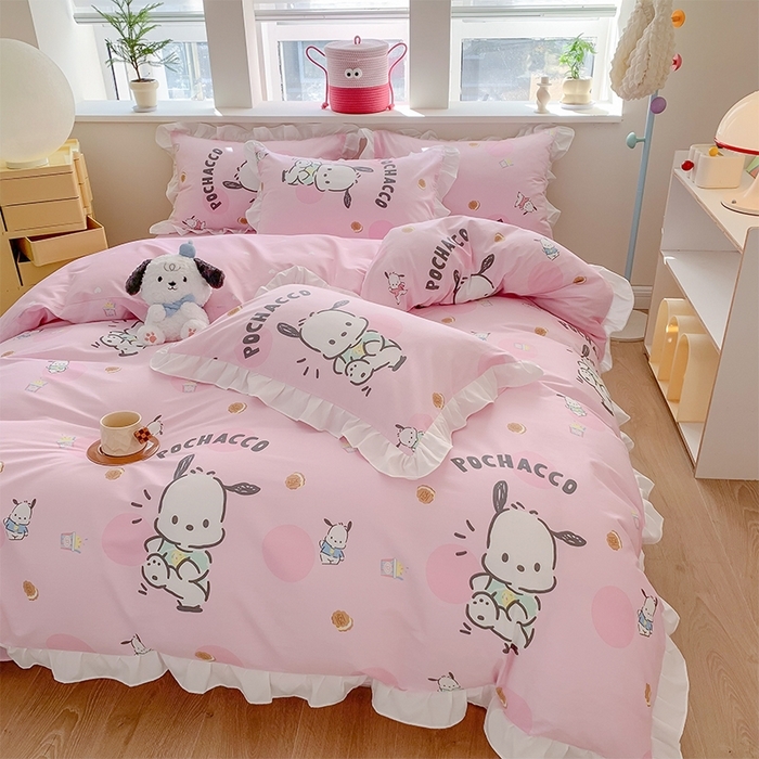 91家纺网 家纺一手货源 找家纺 （总）玉元坊 2025年5月新品 三丽鸥花边被套全棉床单纯棉床裙床笠三四件套-帕恰狗系列