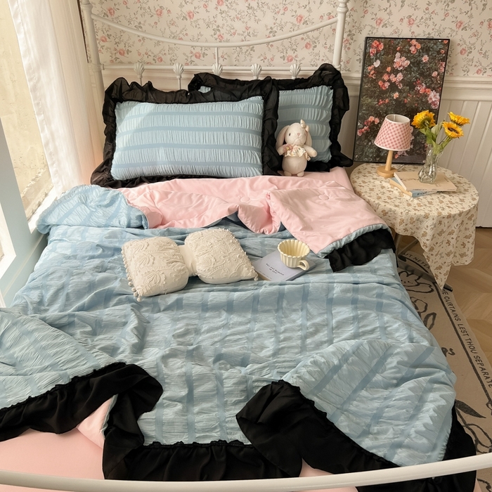 91家纺网 家纺一手货源 找家纺 （总）子钦2025新款泡泡纱韩版雪纺花边单夏被夏被四件套