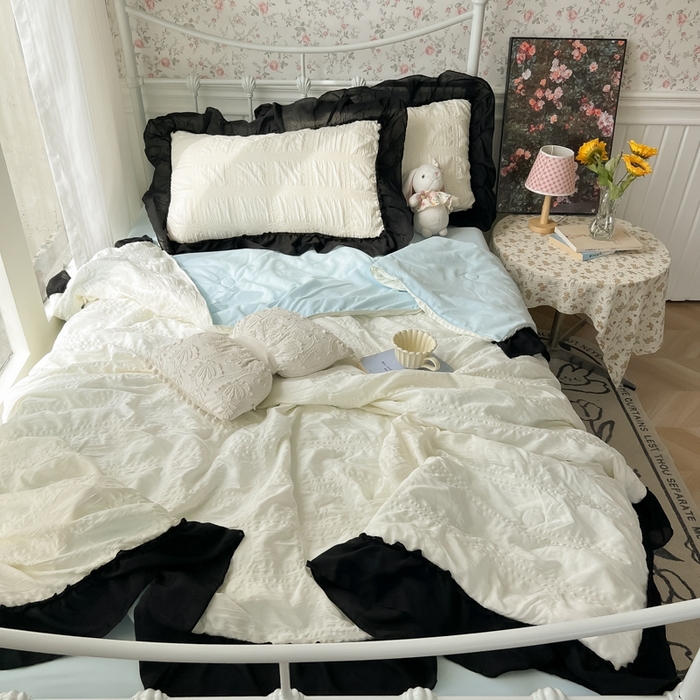 91家纺网 家纺一手货源 找家纺 （总）子钦2025新款泡泡纱韩版雪纺花边单夏被夏被四件套