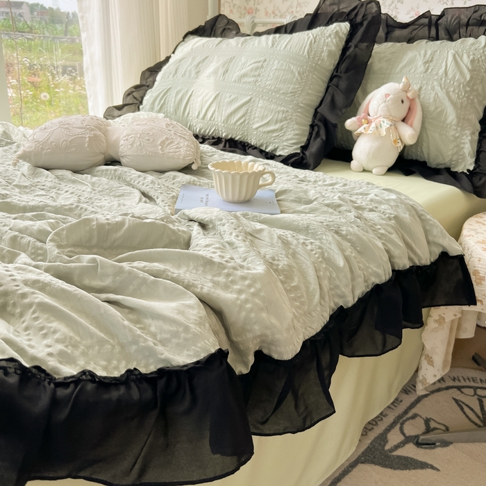 91家纺网 家纺一手货源 找家纺 （总）子钦2025新款泡泡纱韩版雪纺花边单夏被夏被四件套