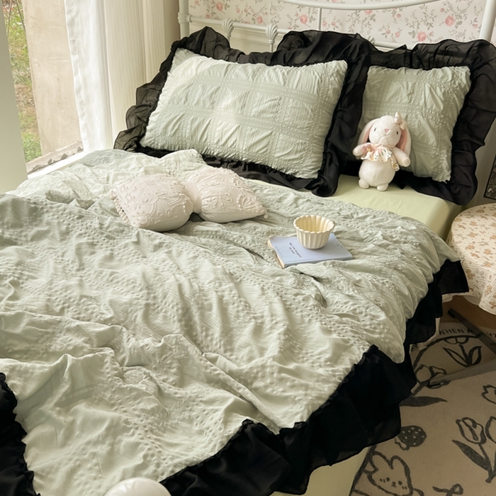 91家纺网 家纺一手货源 找家纺 （总）子钦2025新款泡泡纱韩版雪纺花边单夏被夏被四件套