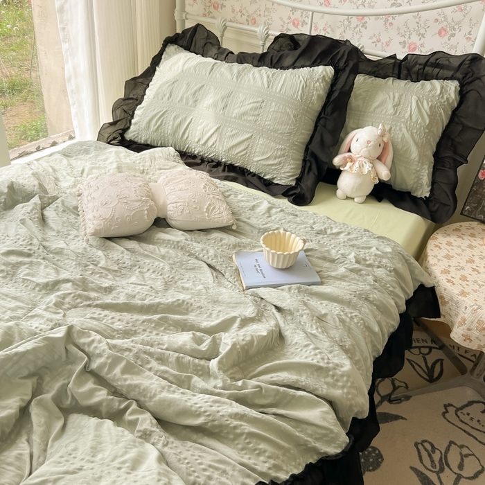 91家纺网 家纺一手货源 找家纺 （总）子钦2025新款泡泡纱韩版雪纺花边单夏被夏被四件套