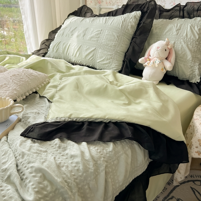 91家纺网 家纺一手货源 找家纺 （总）子钦2025新款泡泡纱韩版雪纺花边单夏被夏被四件套