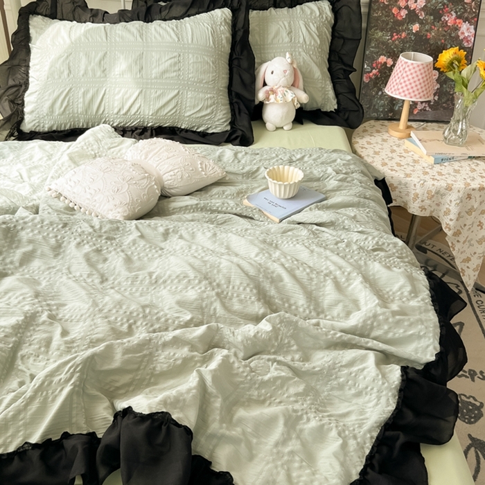 91家纺网 家纺一手货源 找家纺 （总）子钦2025新款泡泡纱韩版雪纺花边单夏被夏被四件套