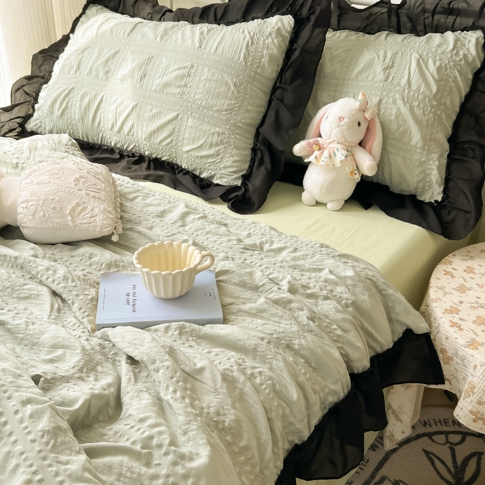 91家纺网 家纺一手货源 找家纺 （总）子钦2025新款泡泡纱韩版雪纺花边单夏被夏被四件套