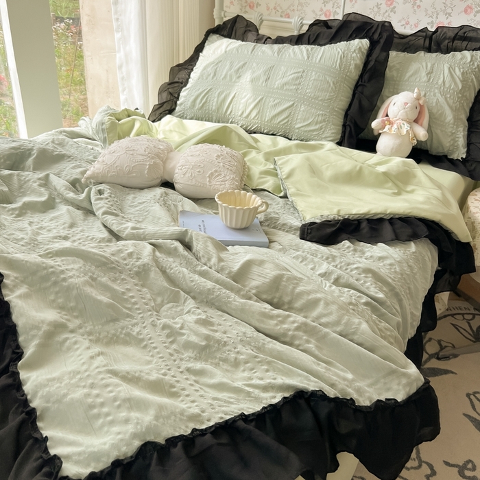 91家纺网 家纺一手货源 找家纺 （总）子钦2025新款泡泡纱韩版雪纺花边单夏被夏被四件套