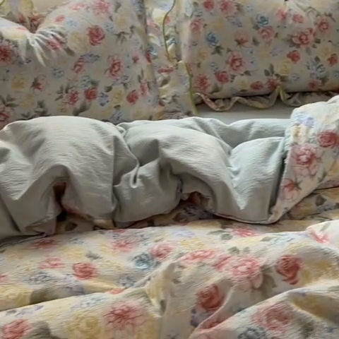 91家纺网 家纺一手货源 找家纺 春光里 2025新款亲肤舒适木棉皱皱纱花边四件套 澜花