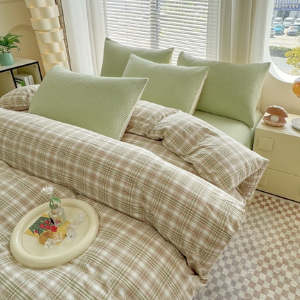 梦精灵家纺 2025新款全棉色织水洗棉四件套纯棉床盖被套罩枕套学生三件套宿舍单人床-床盖款 幻影绿