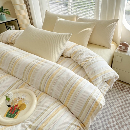 梦精灵家纺 2025新款全棉色织水洗棉四件套纯棉床盖被套罩枕套学生三件套宿舍单人床-床盖款 鹅黄