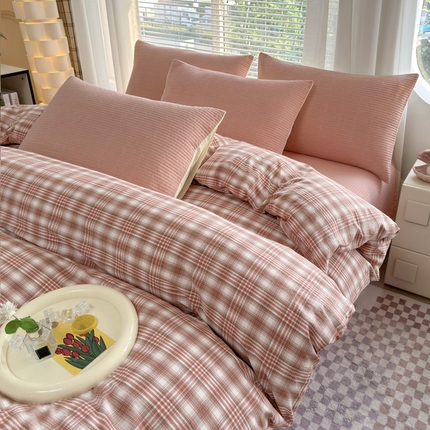 梦精灵家纺 2025新款全棉色织水洗棉四件套纯棉床盖被套罩枕套学生三件套宿舍单人床-床盖款 桔红