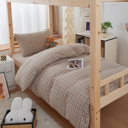 91家纺网 家纺一手货源 找家纺 梦精灵家纺 2025新款全棉色织水洗棉四件套纯棉床盖被套罩枕套学生三件套宿舍单人床-床盖款 可颂咖