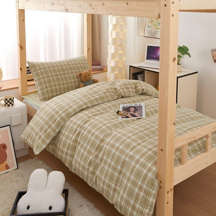 91家纺网 家纺一手货源 找家纺 梦精灵家纺 2025新款全棉色织水洗棉四件套纯棉床盖被套罩枕套学生三件套宿舍单人床-床盖款 利奥绿