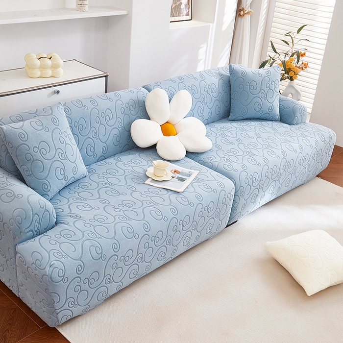 91家纺网 家纺一手货源 找家纺 丝绮鹿 2025新款雕花绒沙发套年华（直排松紧款） 淡蓝