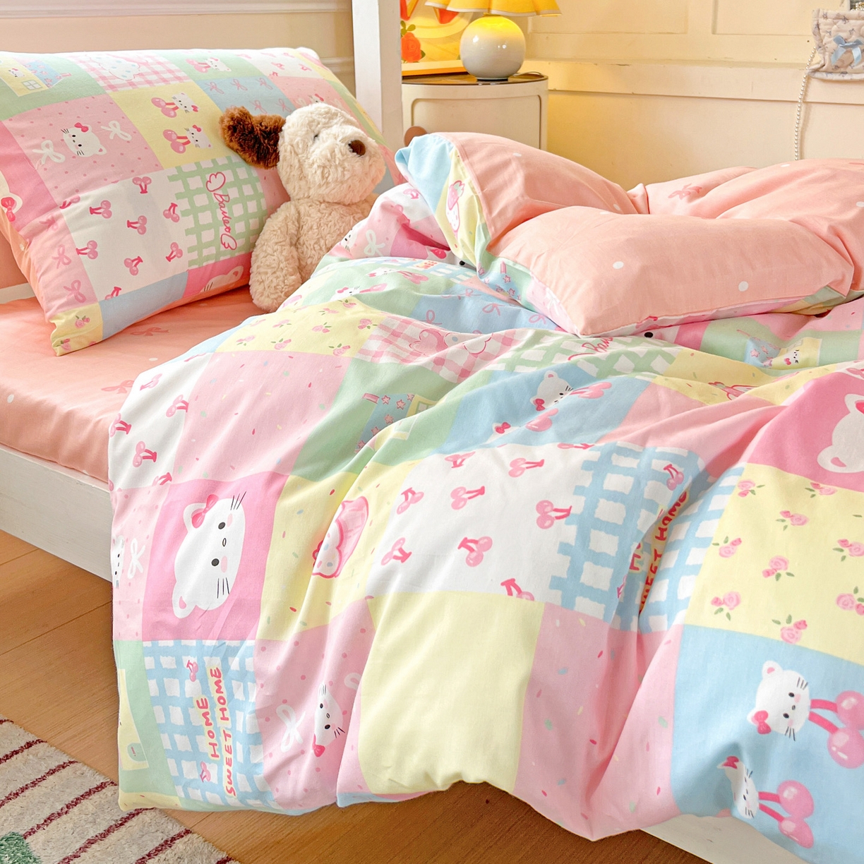 91家纺网 家纺一手货源 找家纺 西引力 2025新款全棉印花学生宿舍三件套四件套 可爱喵喵