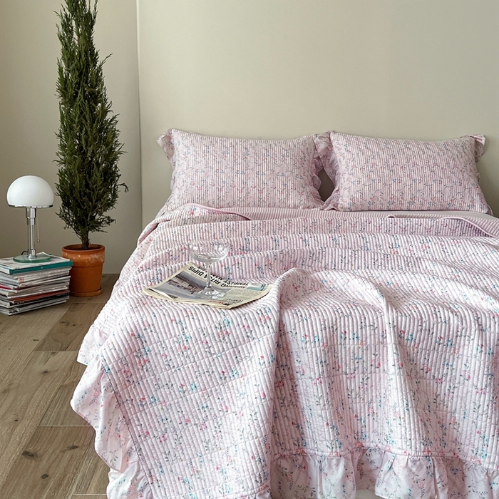 91家纺网 家纺一手货源 找家纺 2025新款悠扬床盖三件套 浅知粉