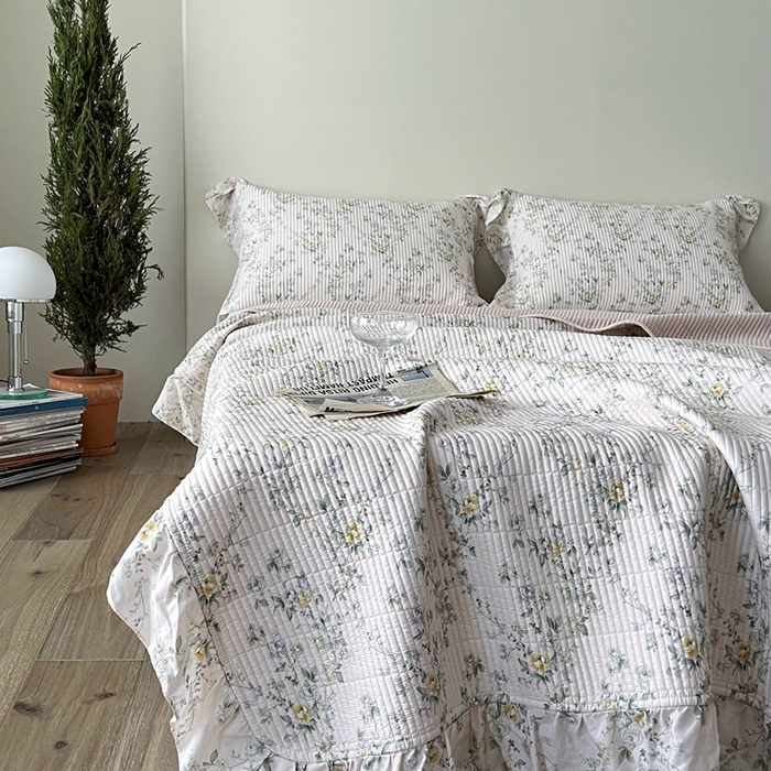 91家纺网 家纺一手货源 找家纺 2025新款悠扬床盖三件套 森语绿花