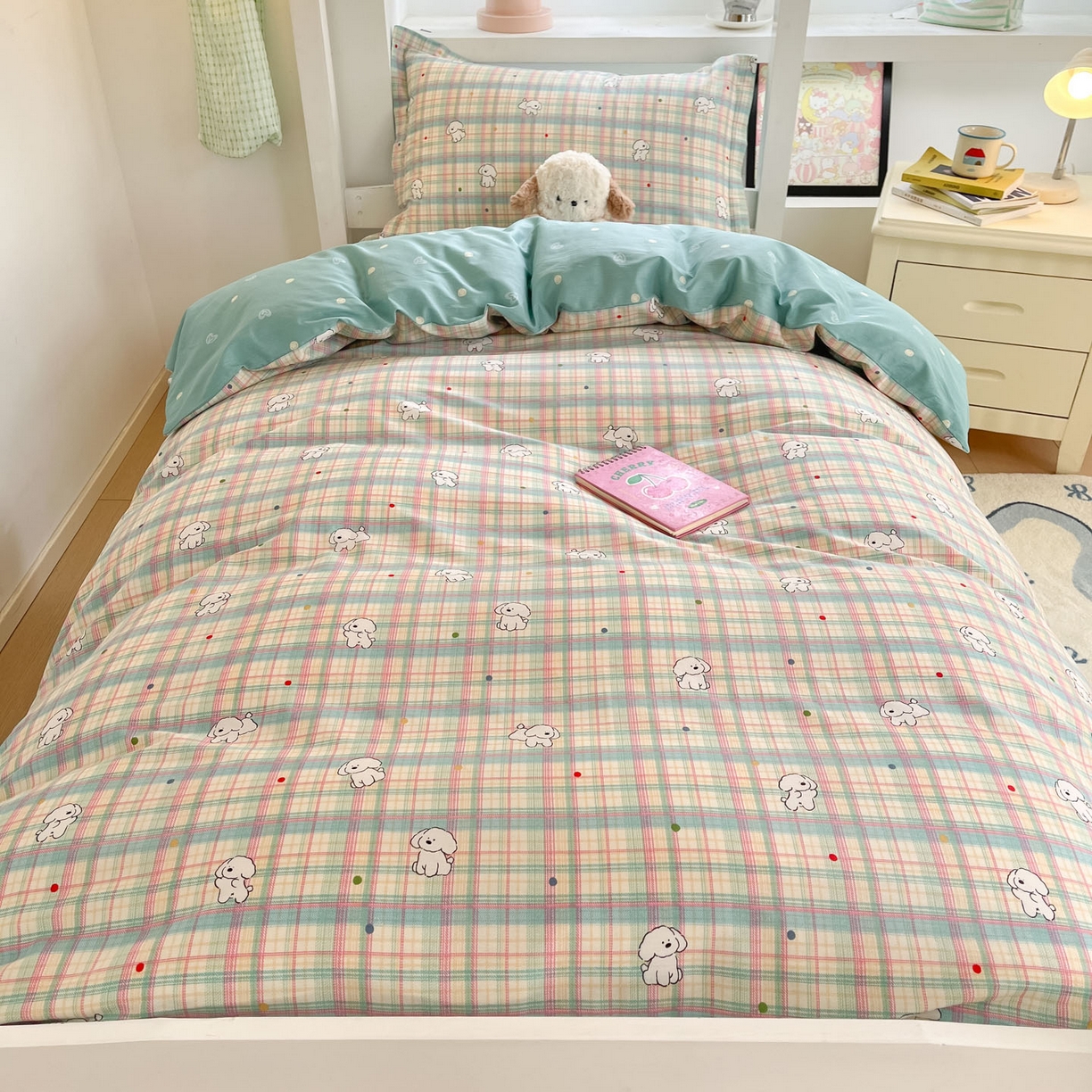 91家纺网 家纺一手货源 找家纺 铭成家纺 2025新款全棉印花学生三件套系列（提供买家秀） 彩虹格小狗