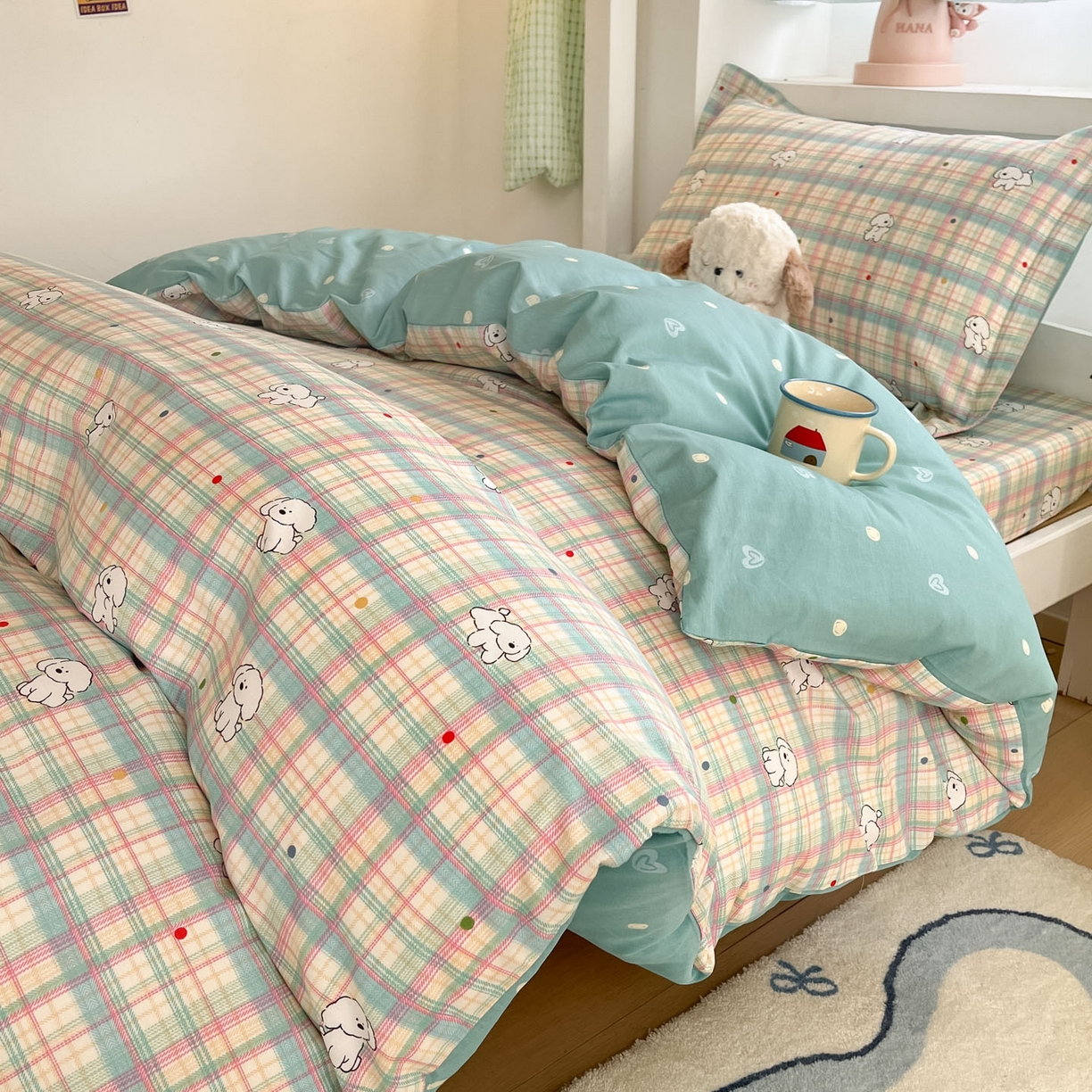 91家纺网 家纺一手货源 找家纺 铭成家纺 2025新款全棉印花学生三件套系列（提供买家秀） 彩虹格小狗