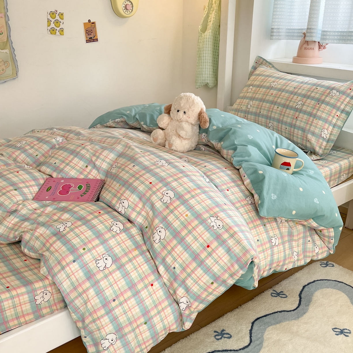 91家纺网 家纺一手货源 找家纺 铭成家纺 2025新款全棉印花学生三件套系列（提供买家秀） 彩虹格小狗