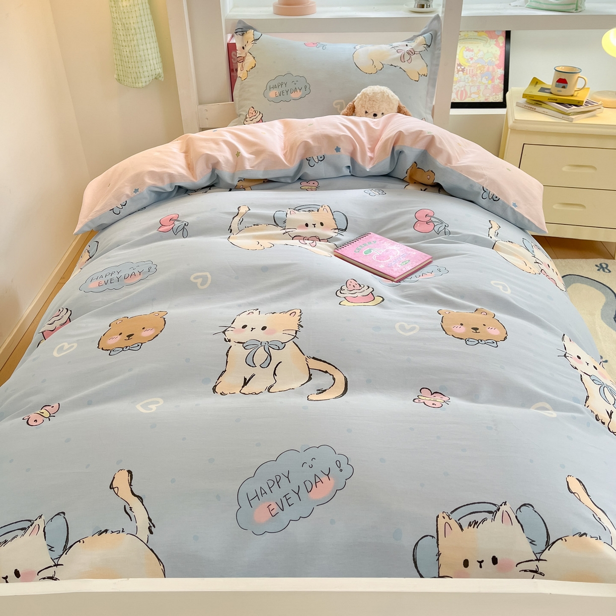 91家纺网 家纺一手货源 找家纺 铭成家纺 2025新款全棉印花学生三件套系列（提供买家秀） 可爱小咪