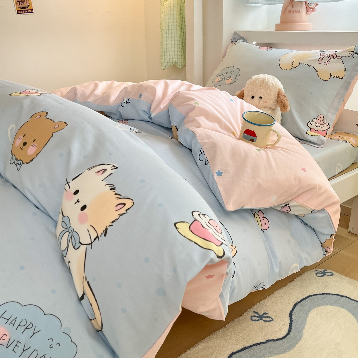 91家纺网 家纺一手货源 找家纺 铭成家纺 2025新款全棉印花学生三件套系列（提供买家秀） 可爱小咪