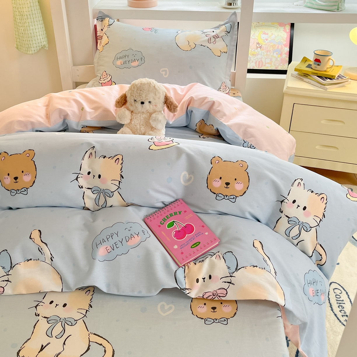 91家纺网 家纺一手货源 找家纺 铭成家纺 2025新款全棉印花学生三件套系列（提供买家秀） 可爱小咪