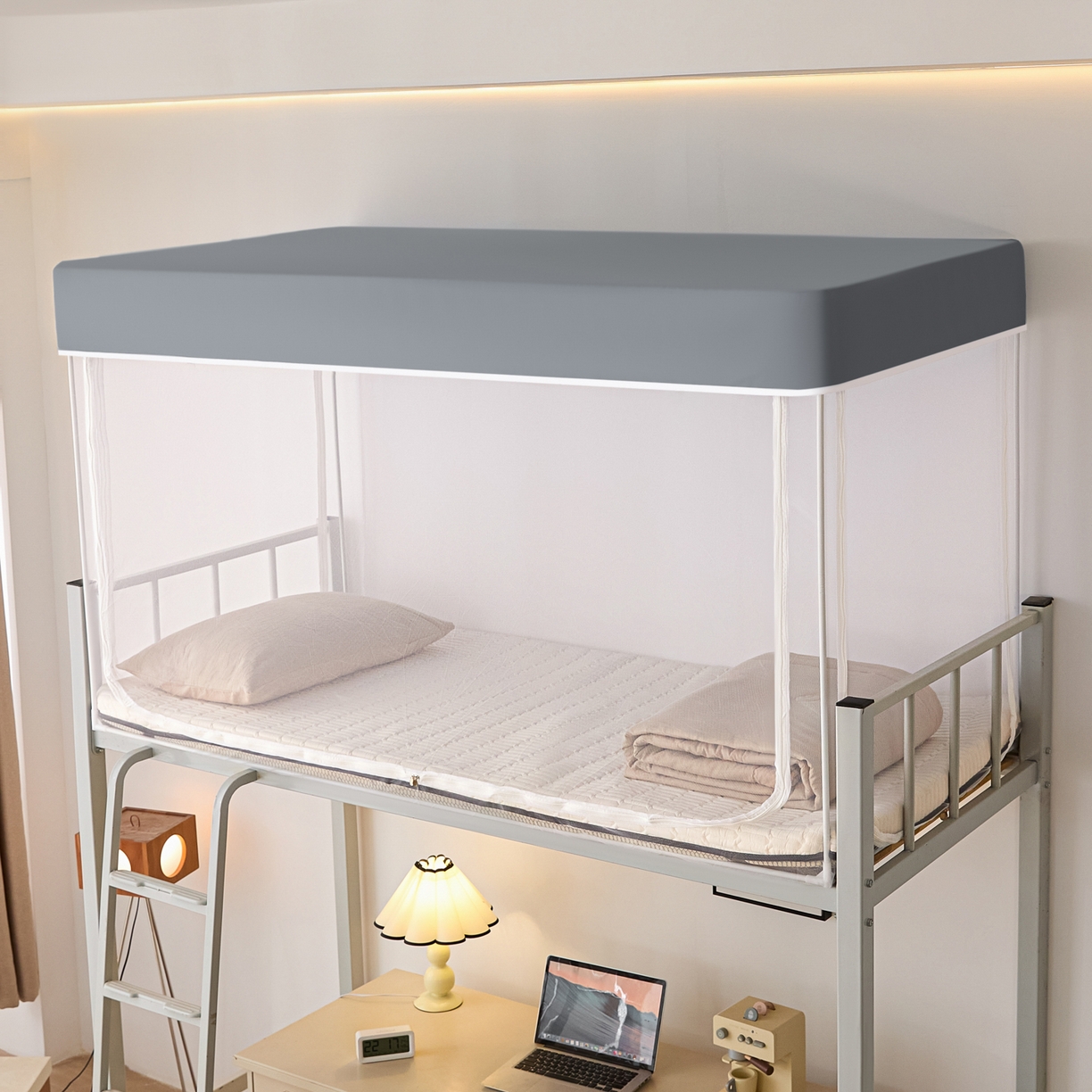 91家纺网 家纺一手货源 找家纺 世婕 2025新款简约纯色学生宿舍蚊帐 简约-梦幻灰