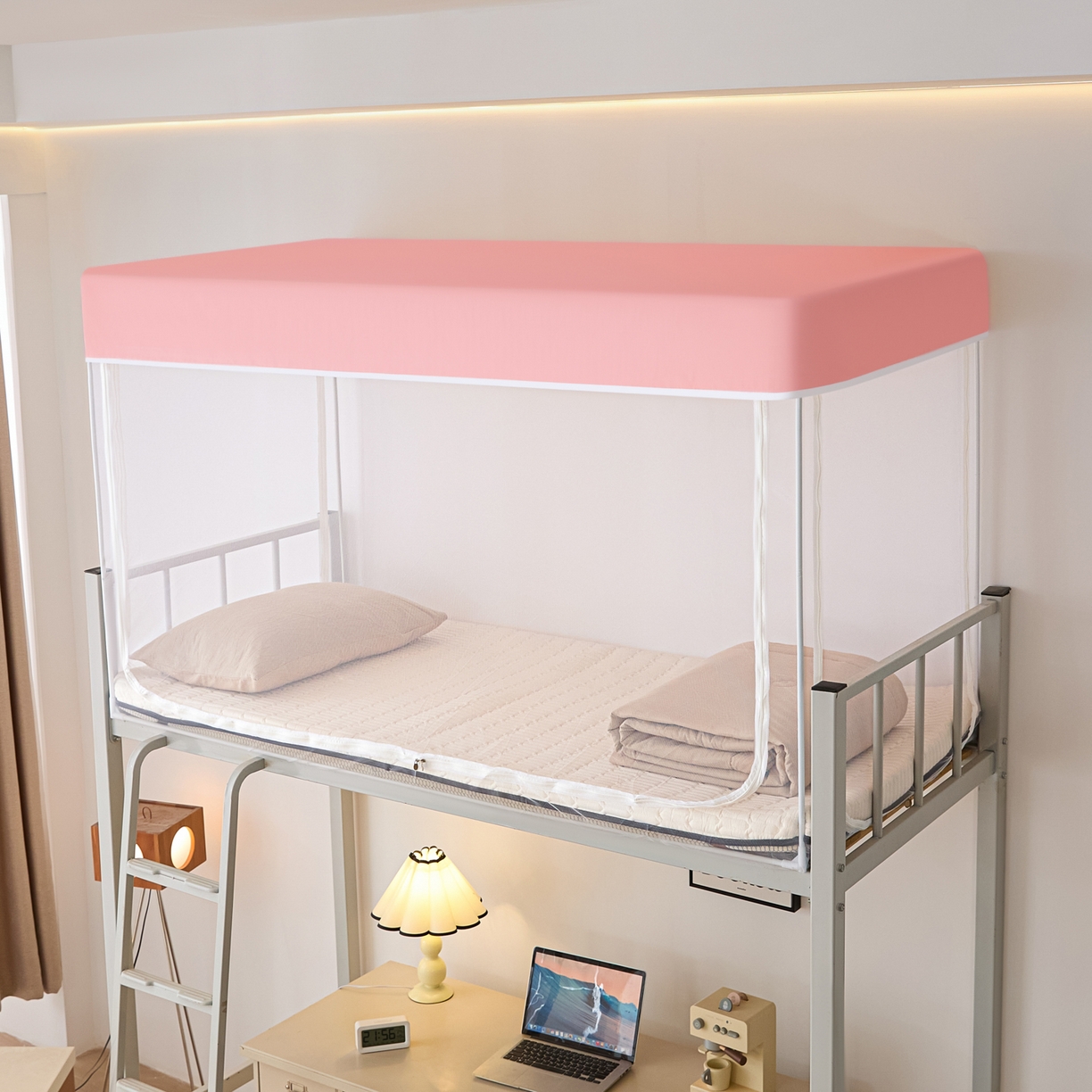 91家纺网 家纺一手货源 找家纺 世婕 2025新款简约纯色学生宿舍蚊帐 简约-甜粉