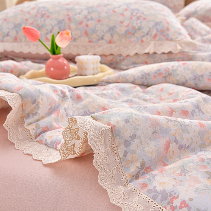 91家纺网 家纺一手货源 找家纺 绘萱家居 2025新款100%全棉双层纱花边床裙款夏被四件套