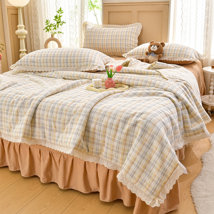 绘萱家居 2025新款100%全棉双层纱花边床裙款夏被四件套