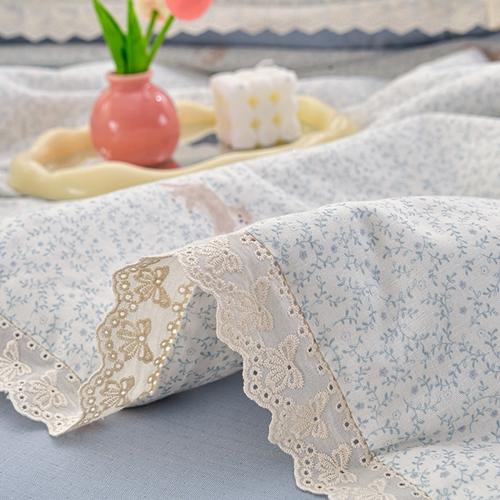 91家纺网 家纺一手货源 找家纺 绘萱家居 2025新款100%全棉双层纱花边床裙款夏被四件套