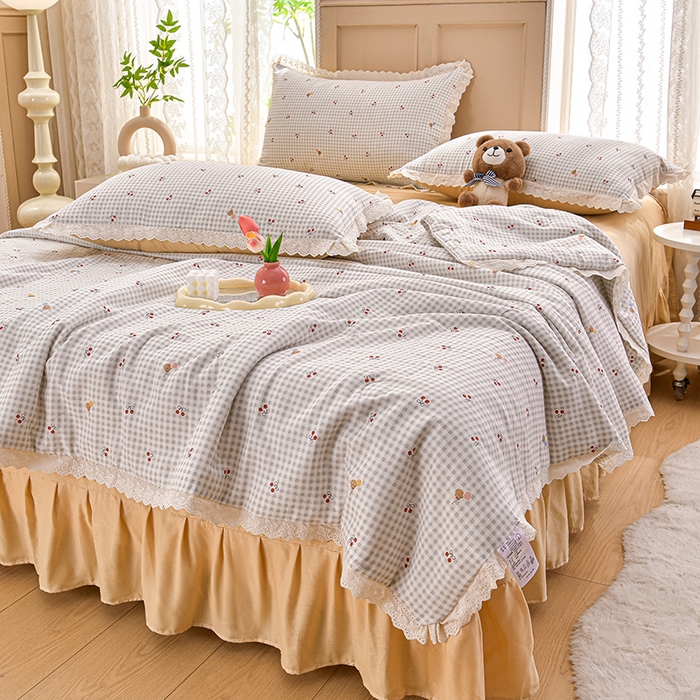 绘萱家居 2025新款100%全棉双层纱花边床裙款夏被四件套