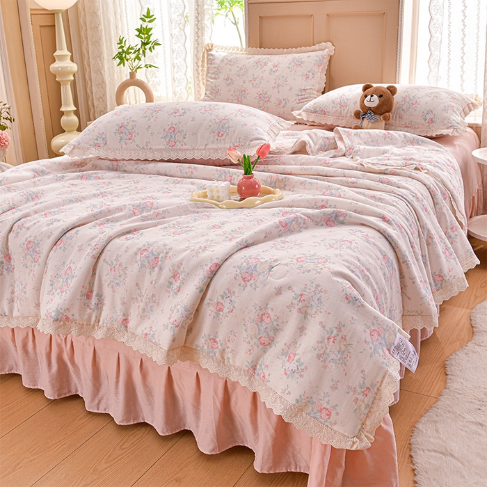 绘萱家居 2025新款100%全棉双层纱花边床裙款夏被四件套