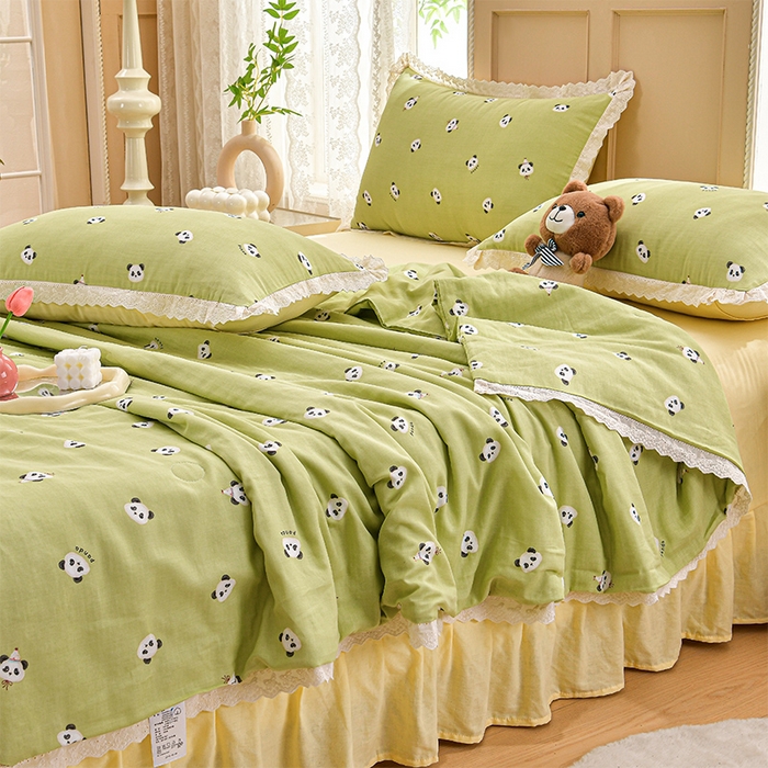 91家纺网 家纺一手货源 找家纺 绘萱家居 2025新款100%全棉双层纱花边床裙款夏被四件套