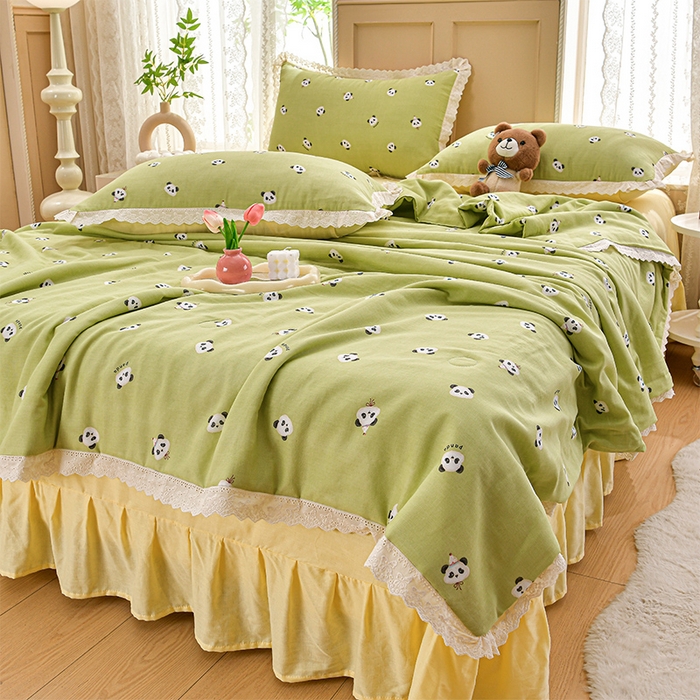 绘萱家居 2025新款100%全棉双层纱花边床裙款夏被四件套