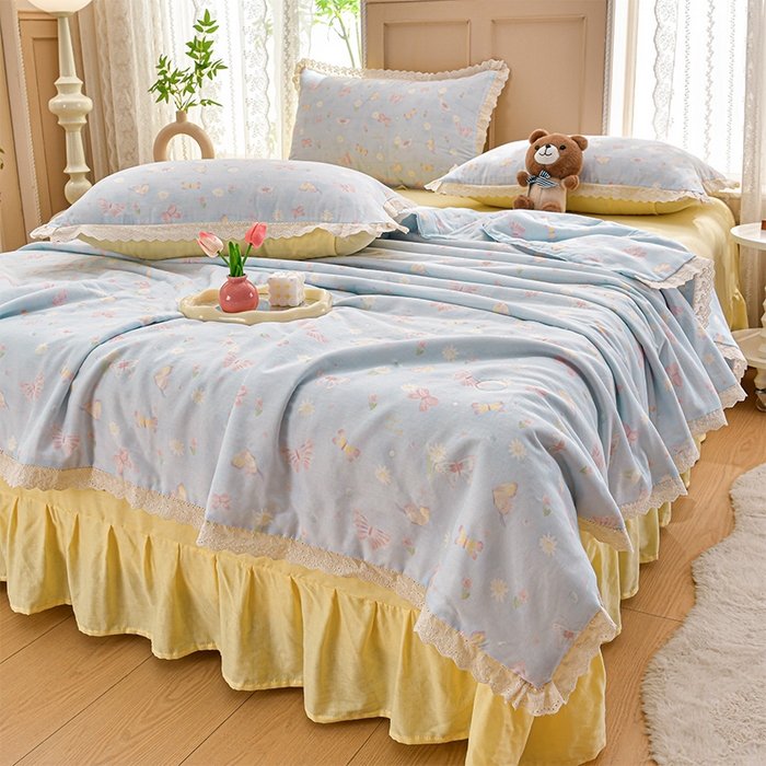 绘萱家居 2025新款100%全棉双层纱花边床裙款夏被四件套
