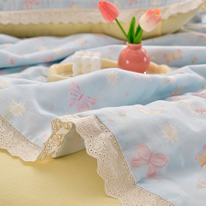 91家纺网 家纺一手货源 找家纺 绘萱家居 2025新款100%全棉双层纱花边床裙款夏被四件套